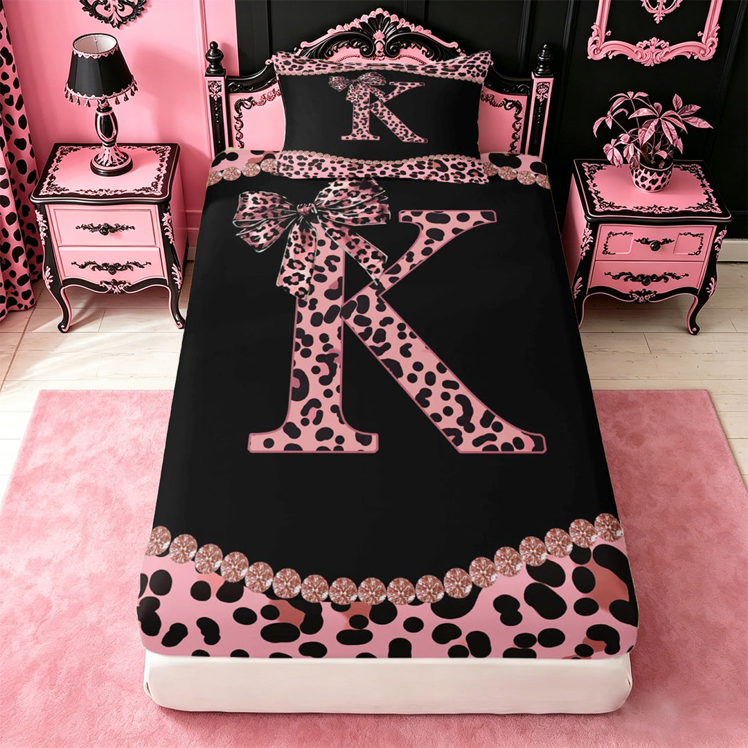 meiyoeat Classic Cheetah Print Full Size Sheets For Kids,Pink Bow Initial Letter K Bed Sheets For Girls,4pcs