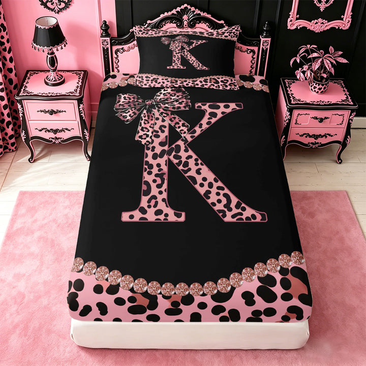 meiyoeat Classic Cheetah Print Full Size Sheets For Kids,Pink Bow Initial Letter K Bed Sheets For Girls,4pcs