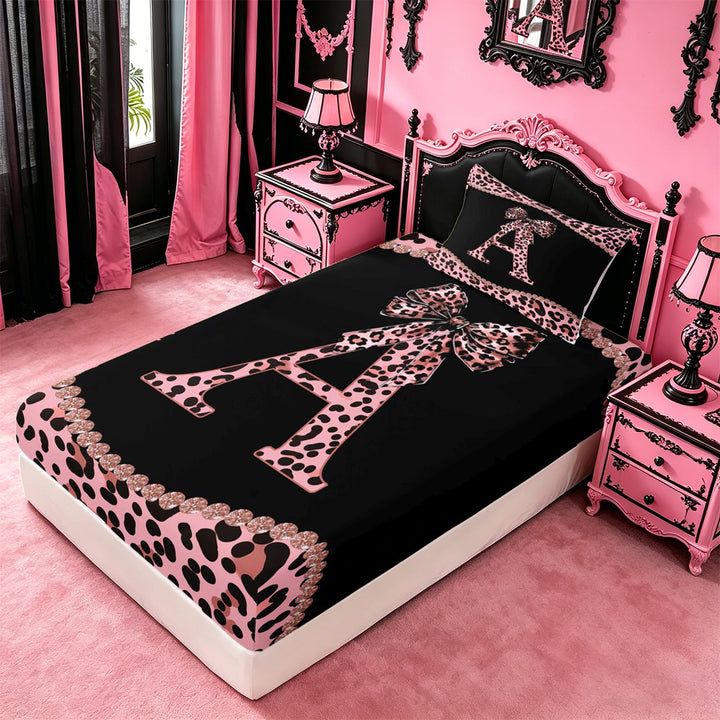 meiyoeat Pink Leopard Print Full Size Sheets For Girls,Chic Cheetah Bow Monogram A Bed Sheets For Kids,4 Pieces