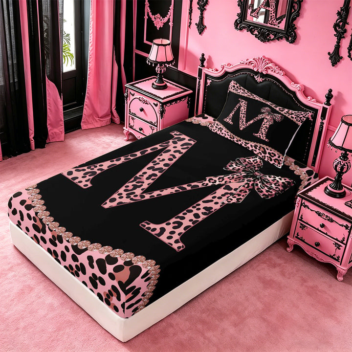 meiyoeat Pink Coquette Bowknot Full Size Sheets For Leopard Bow Lover,Kids Personalized Initial M Bed Sheets,4 Pieces