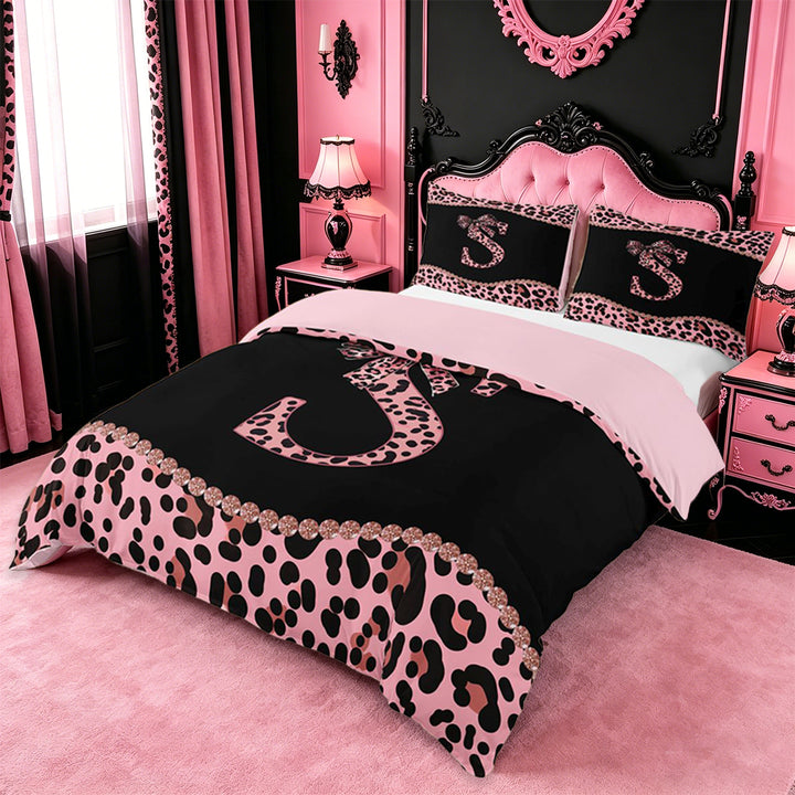 meiyoeat Cute Leopard Print Bow Duvet Cover Set For Kids,Pink Cheetah Pattern Monogram S Bedding Full For Girls,pink Reversible,3 Pieces(No Comforter)