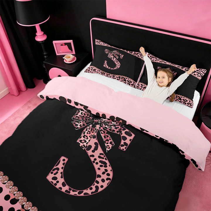 meiyoeat Cute Leopard Print Bow Duvet Cover Set For Kids,Pink Cheetah Pattern Monogram S Bedding Full For Girls,pink Reversible,3 Pieces(No Comforter)
