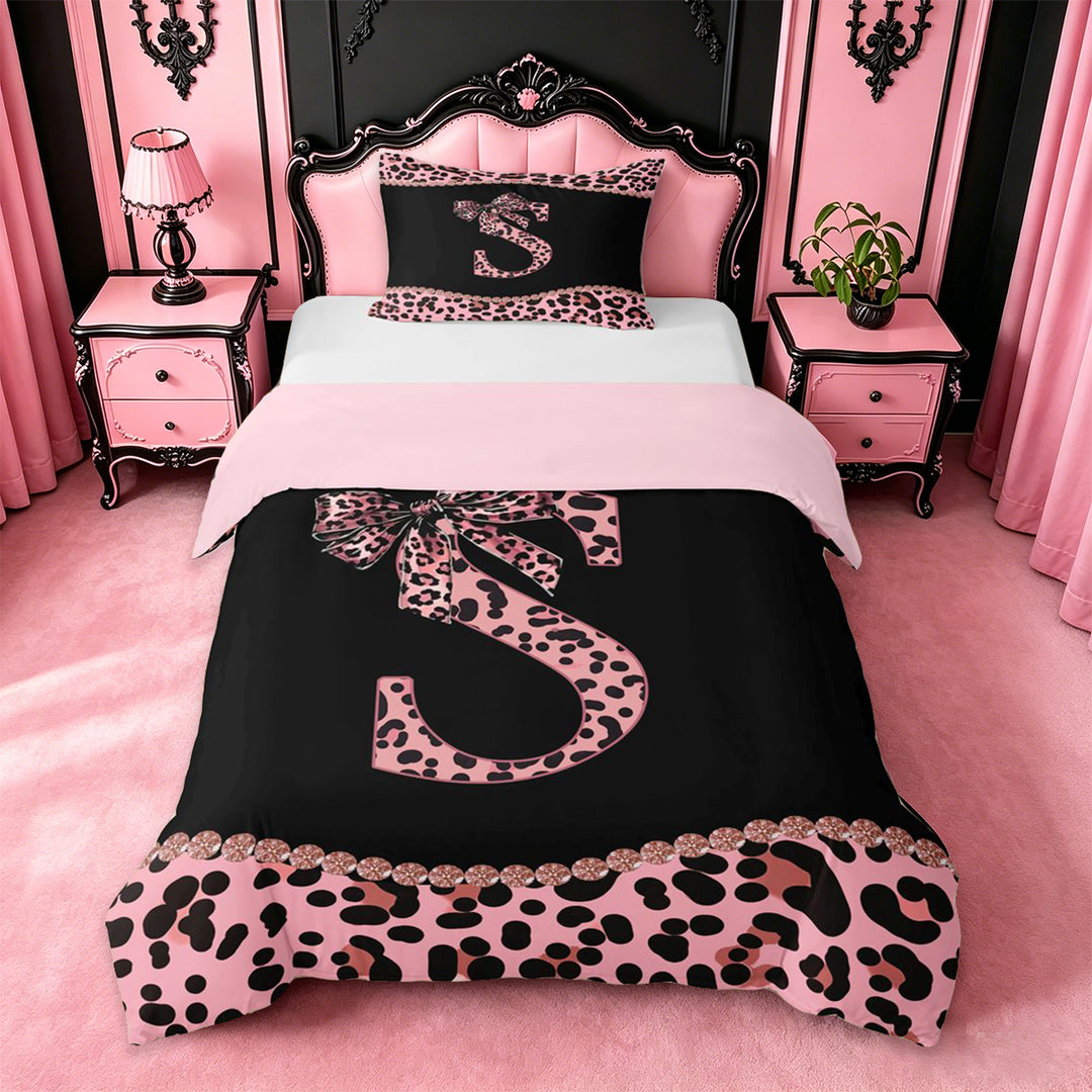 meiyoeat Cute Leopard Print Bow Duvet Cover Set For Kids,Pink Cheetah Pattern Monogram S Bedding Full For Girls,pink Reversible,3 Pieces(No Comforter)