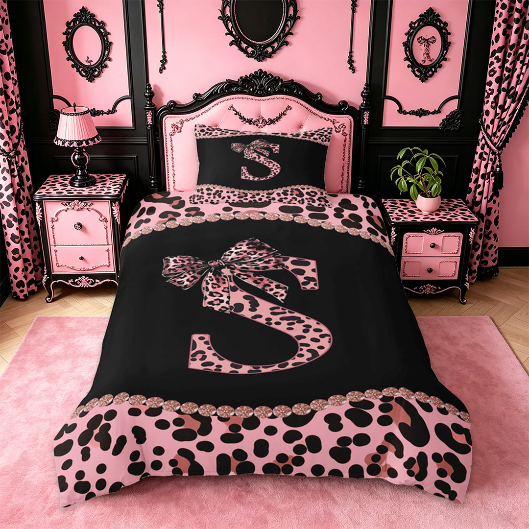 meiyoeat Cute Leopard Print Bow Duvet Cover Set For Kids,Pink Cheetah Pattern Monogram S Bedding Full For Girls,pink Reversible,3 Pieces(No Comforter)