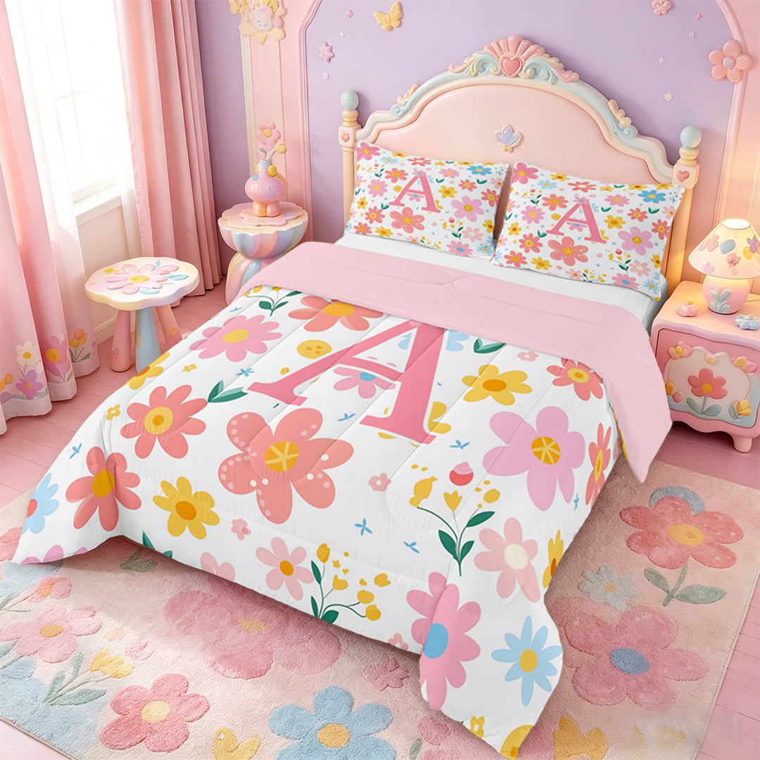 meiyoeat Cute Cartoon Flower Full Size Comforter Sets For Girls,Pink Floral Monogrammed A Bedding Sets For Kids,pink Reversible,3pcs