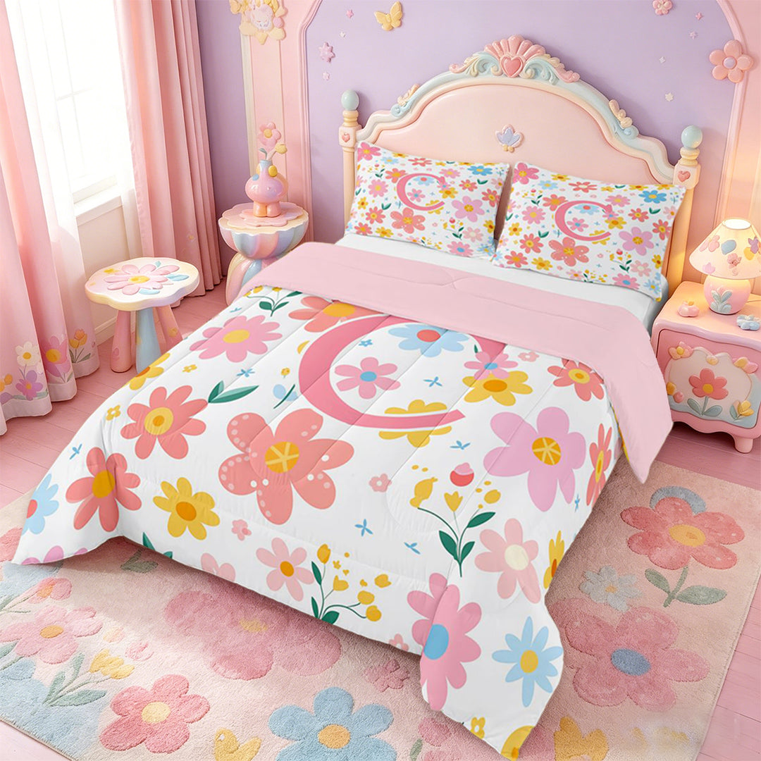 meiyoeat Watercolor Kawaii Flower Full Size Comforter Sets For Kids,Girls Personalized Monogram C Gifts Bedding Sets,pink Reversible,3 Pieces