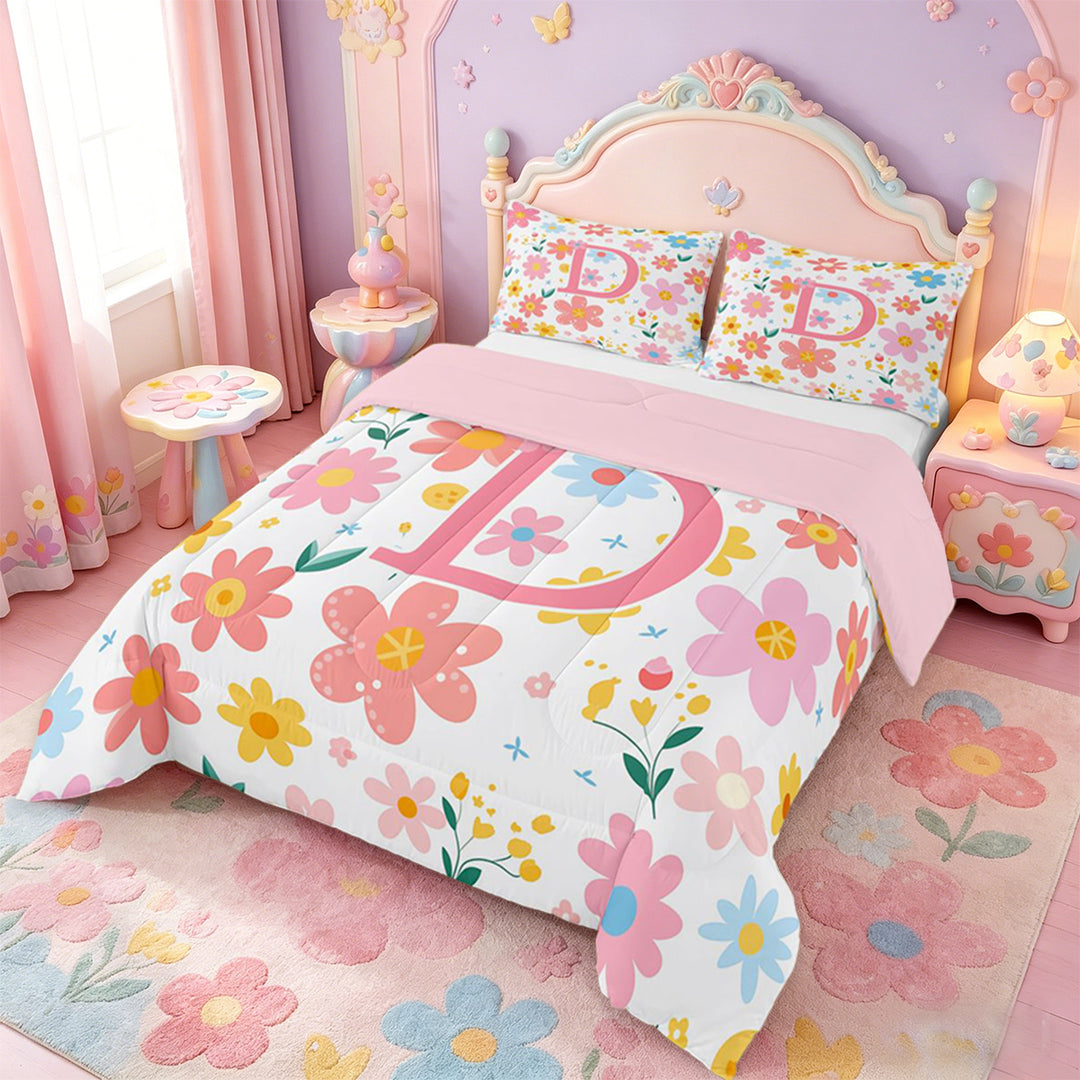 meiyoeat Cartoon Spring Flowers Full Size Comforter Sets For Kids,Colorful Floral D Initial Print Bedding Sets For Girls,pink Reversible,3pcs
