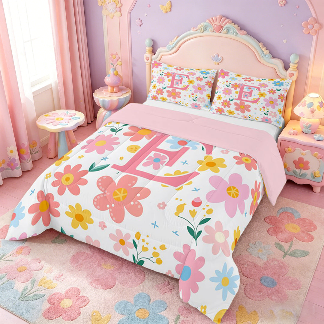 meiyoeat Cute Flower Pattern Full Size Comforter Sets For Girls,Cartoon Blossom Alphabet E Art Bedding Sets For Kids,pink Reversible,3-Piece