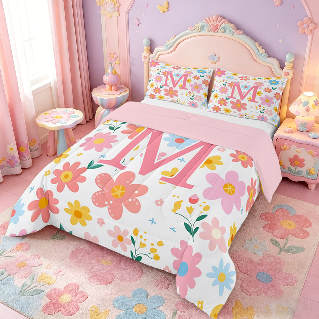 meiyoeat Girls Personalized Monogram M Gifts Full Size Comforter Sets For Kids,Watercolor Kawaii Floral Bedding Sets,pink Reversible,3pcs