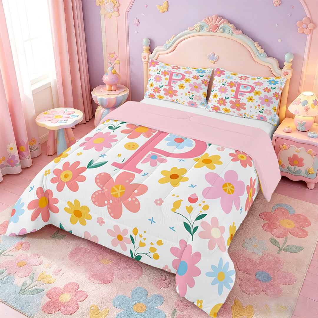 meiyoeat Colorful Flower P Initial Print Full Size Comforter Sets For Kids,Cartoon Spring Floral Bedding Sets For Girls,pink Reversible,3-Piece