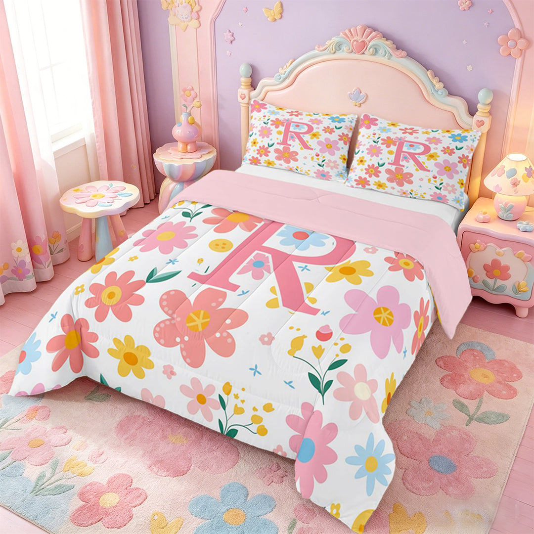 meiyoeat Cartoon Blossom Alphabet R Full Size Comforter Sets For Girls, Cute Floral Pattern Bedding Sets For Kids,pink Reversible,3 Pieces