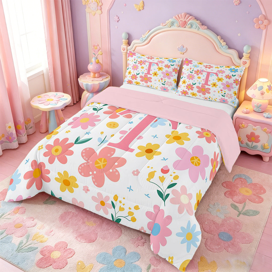 meiyoeat Cartoon Flowers Monogram Print Bedding Sets For Girls,Floral Blossom Initial T Bedding Sets For Kids,pink Reversible,3-Piece