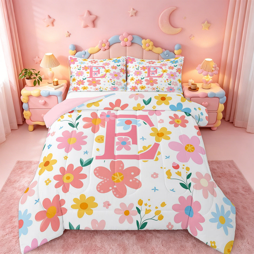 meiyoeat Cute Flower Pattern Full Size Comforter Sets For Girls,Cartoon Blossom Alphabet E Art Bedding Sets For Kids,pink Reversible,3-Piece