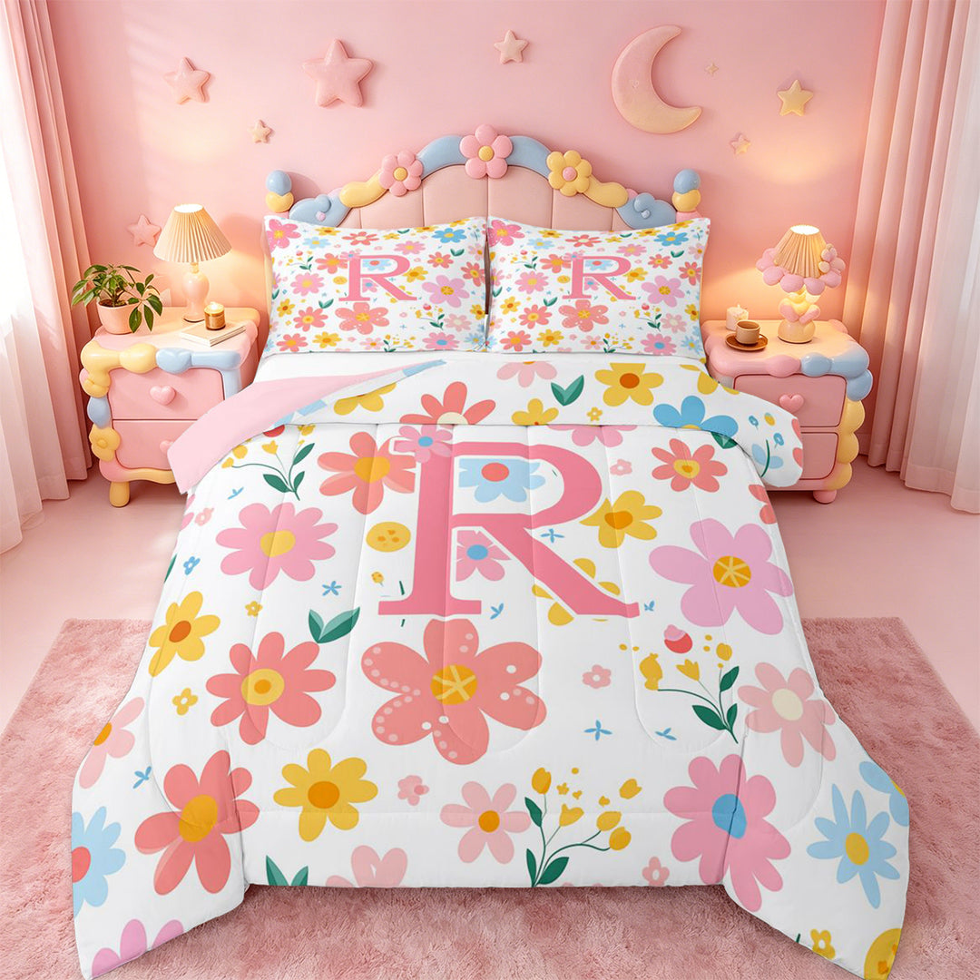 meiyoeat Cartoon Blossom Alphabet R Full Size Comforter Sets For Girls, Cute Floral Pattern Bedding Sets For Kids,pink Reversible,3 Pieces