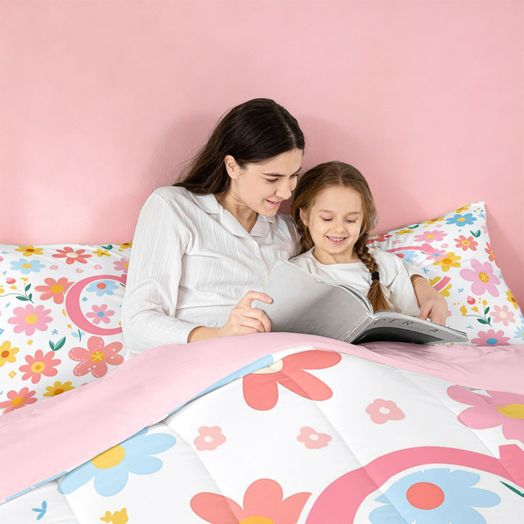 meiyoeat Watercolor Kawaii Flower Full Size Comforter Sets For Kids,Girls Personalized Monogram C Gifts Bedding Sets,pink Reversible,3 Pieces