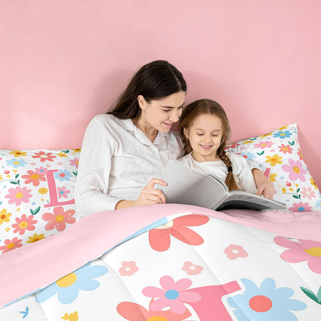 meiyoeat Colorful Initial L Full Size Comforter Sets For Kids,Cute Flowers Print Bedding Sets For Girls,pink Reversible,3 Pieces