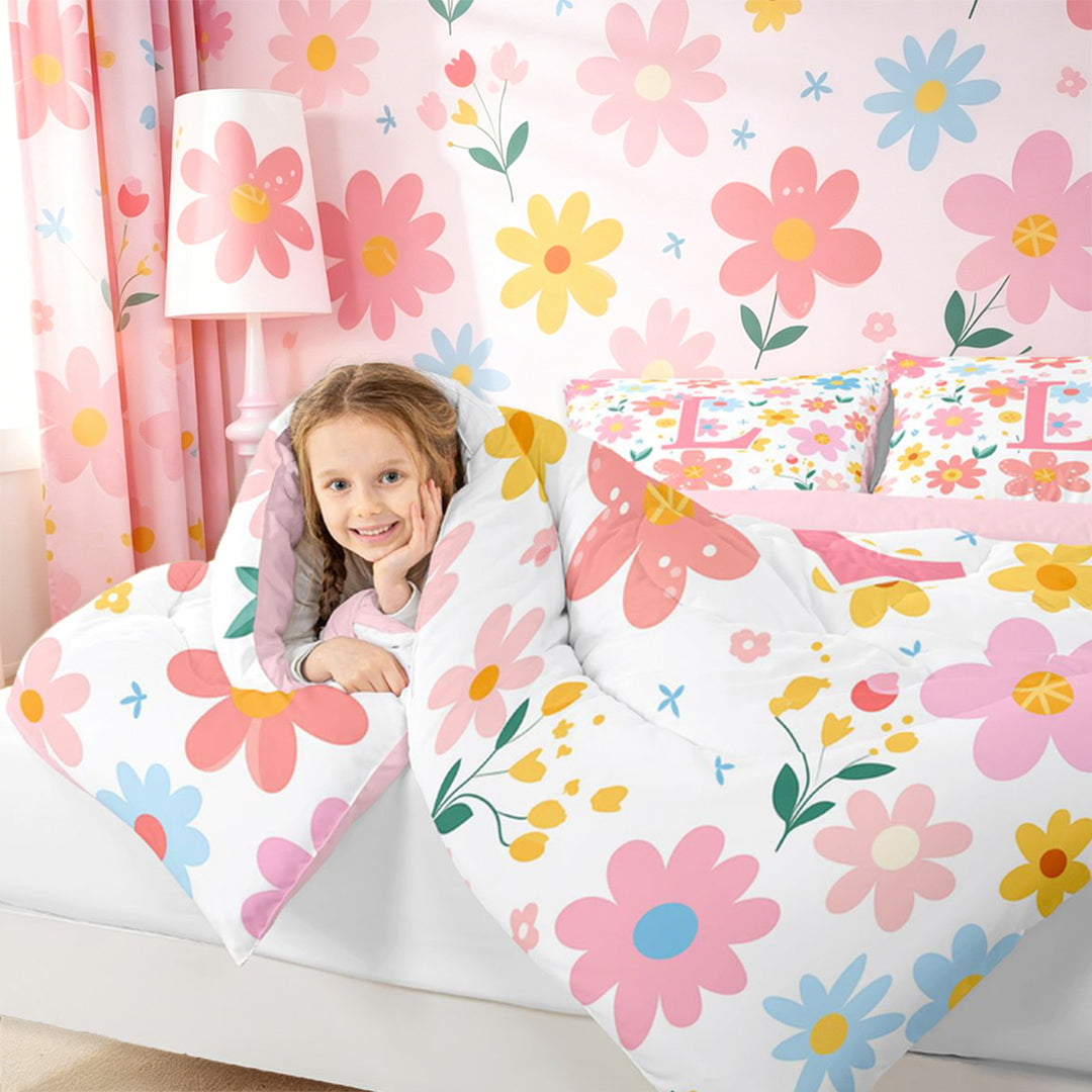 meiyoeat Colorful Initial L Full Size Comforter Sets For Kids,Cute Flowers Print Bedding Sets For Girls,pink Reversible,3 Pieces