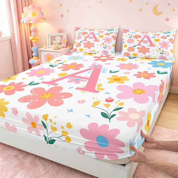 meiyoeat Cute Cartoon Flower Full Size Sheets For Girls,Pink Floral Monogrammed A Bed Sheets For Kids,4pcs