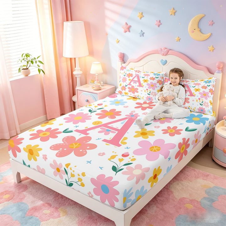 meiyoeat Cute Cartoon Flower Full Size Sheets For Girls,Pink Floral Monogrammed A Bed Sheets For Kids,4pcs