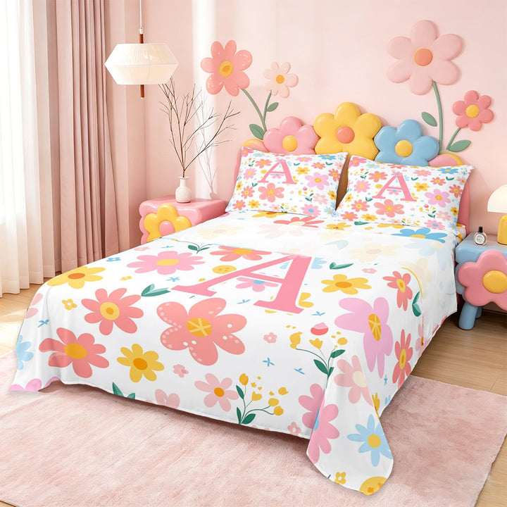 meiyoeat Cute Cartoon Flower Full Size Sheets For Girls,Pink Floral Monogrammed A Bed Sheets For Kids,4pcs