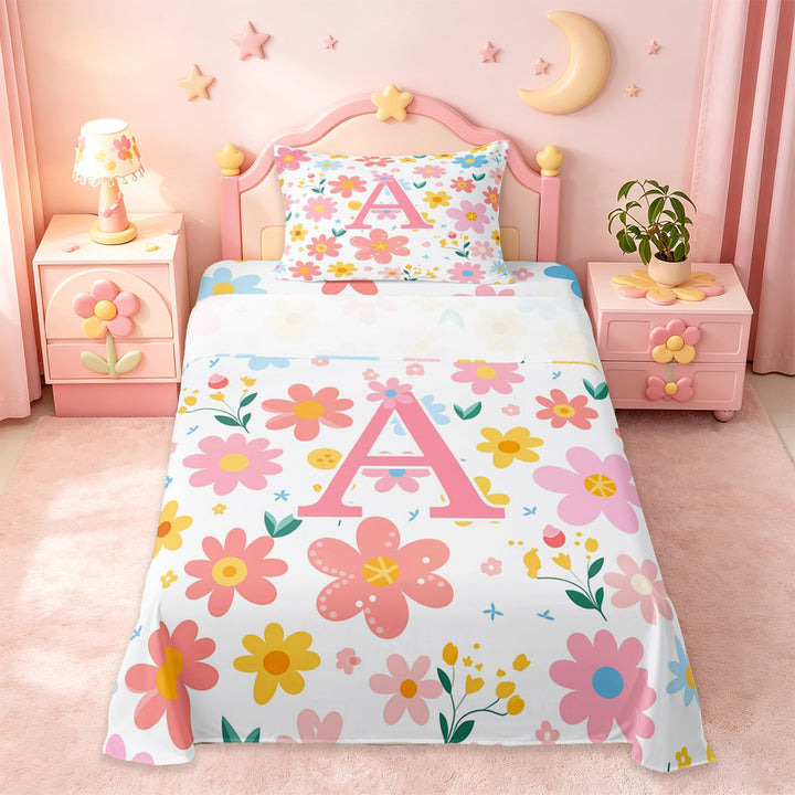 meiyoeat Cute Cartoon Flower Full Size Sheets For Girls,Pink Floral Monogrammed A Bed Sheets For Kids,4pcs