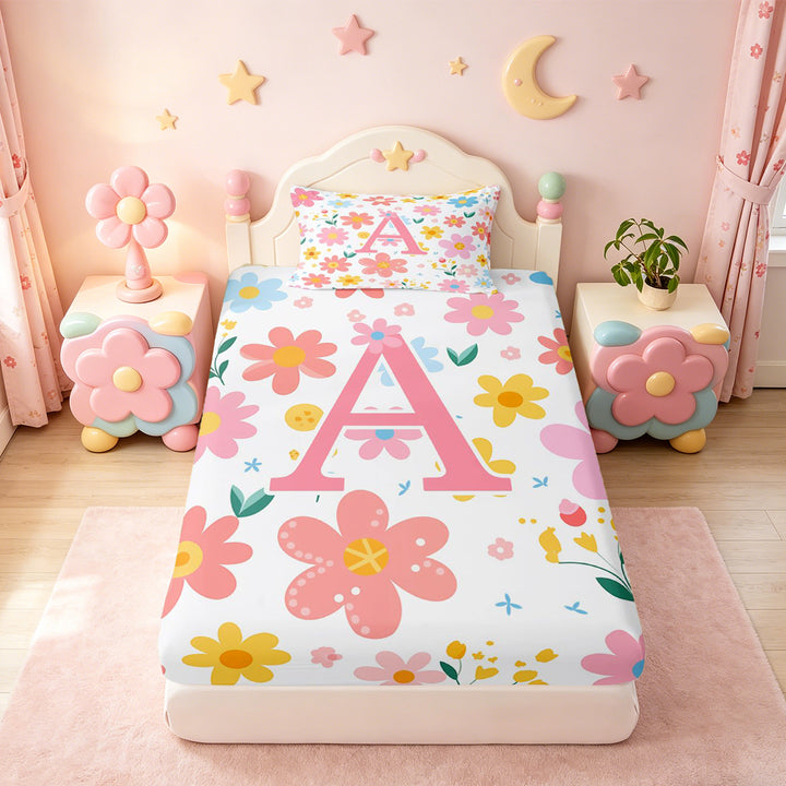 meiyoeat Cute Cartoon Flower Full Size Sheets For Girls,Pink Floral Monogrammed A Bed Sheets For Kids,4pcs