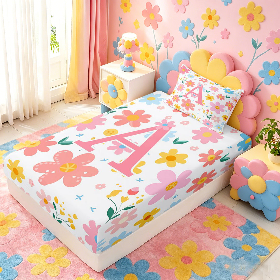 meiyoeat Cute Cartoon Flower Full Size Sheets For Girls,Pink Floral Monogrammed A Bed Sheets For Kids,4pcs