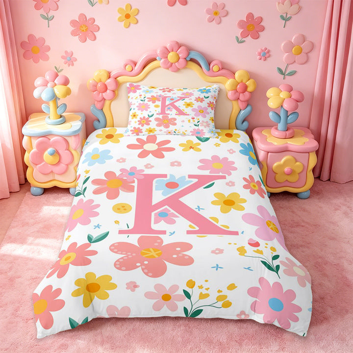 meiyoeat Pink Floral Monogrammed K Duvet Cover Set For Girls,Cute Cartoon Flower Bedding Full For Kids,pink Reversible,3-Piece(No Comforter)
