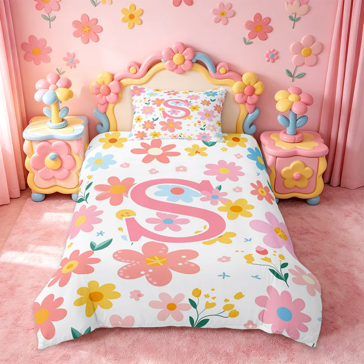 meiyoeat Cute Floral Alphabet Print Duvet Cover Set For Girls,Cartoon Flowers Monogrammed S Letter Bedding Full For Kids,pink Reversible,3pcs(No Comforter)