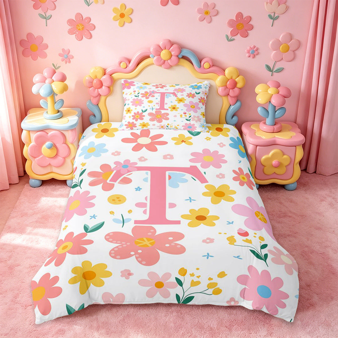 meiyoeat Cartoon Flowers Monogram Print Bedding Full For Girls,Floral Blossom Initial T Bedding Full For Kids,pink Reversible,3-Piece(No Comforter)