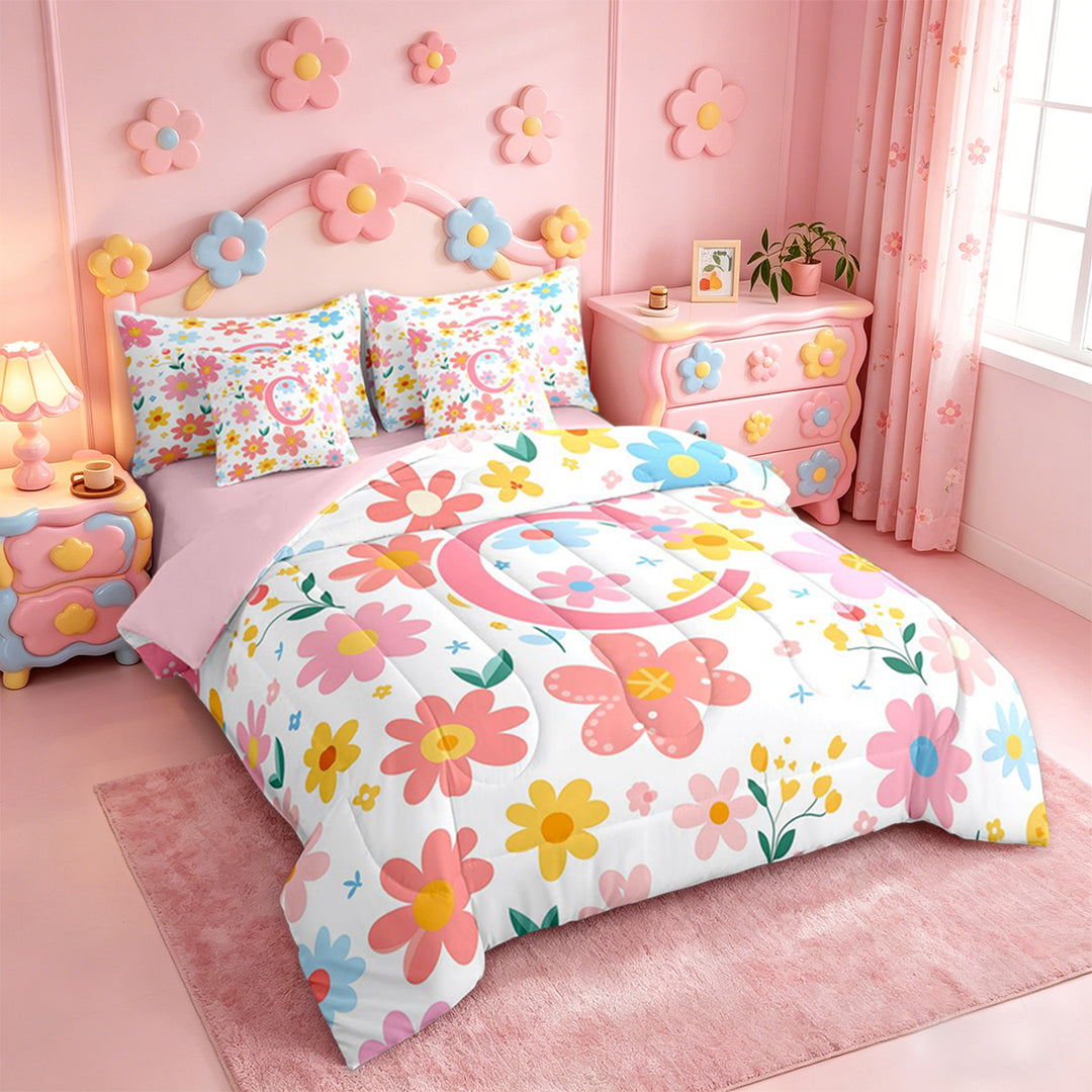 meiyoeat Watercolor Kawaii Flower 7 Pieces Bedding Comforter Set For Kids,Girls Personalized Monogram C Gifts Full Bedding Set,pink Reversible