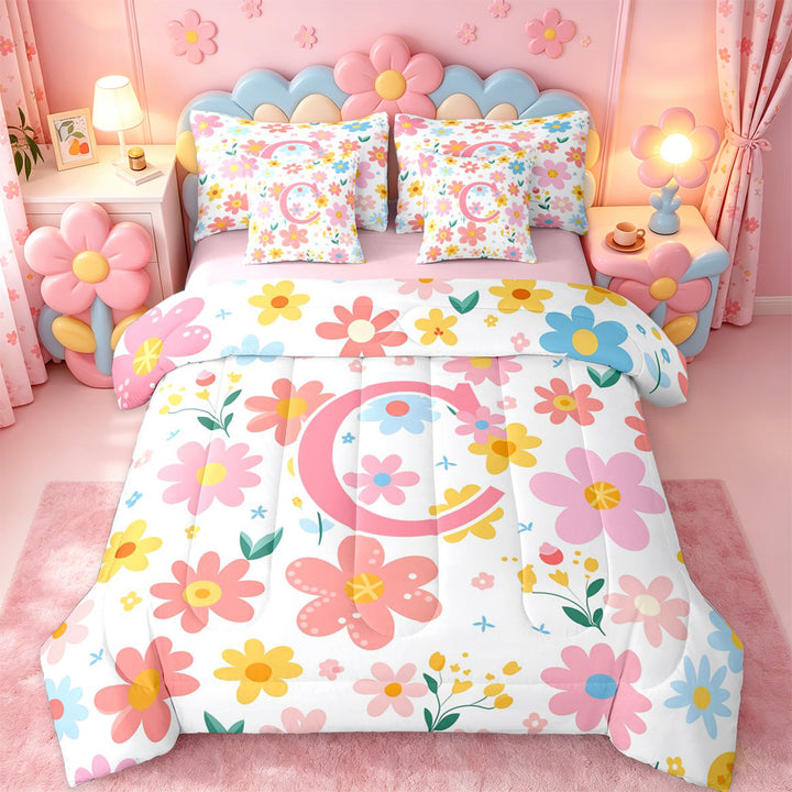 meiyoeat Watercolor Kawaii Flower 7 Pieces Bedding Comforter Set For Kids,Girls Personalized Monogram C Gifts Full Bedding Set,pink Reversible