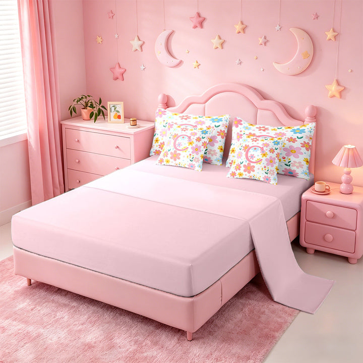 meiyoeat Watercolor Kawaii Flower 7 Pieces Bedding Comforter Set For Kids,Girls Personalized Monogram C Gifts Full Bedding Set,pink Reversible