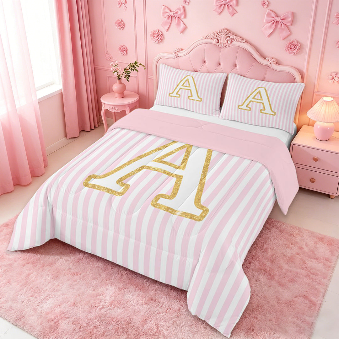 meiyoeat Gold Monogram A Letter Full Size Comforter Sets For Girls,Pink Geometric Lines Bedding Sets For Kids,pink Reversible,3 Pieces