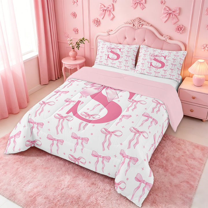 meiyoeat Kawaii Bowknot Initial S Full Size Comforter Sets For Girls,Pink Personalized Monogram Print Bedding Sets For Kids,pink Reversible,3-Piece