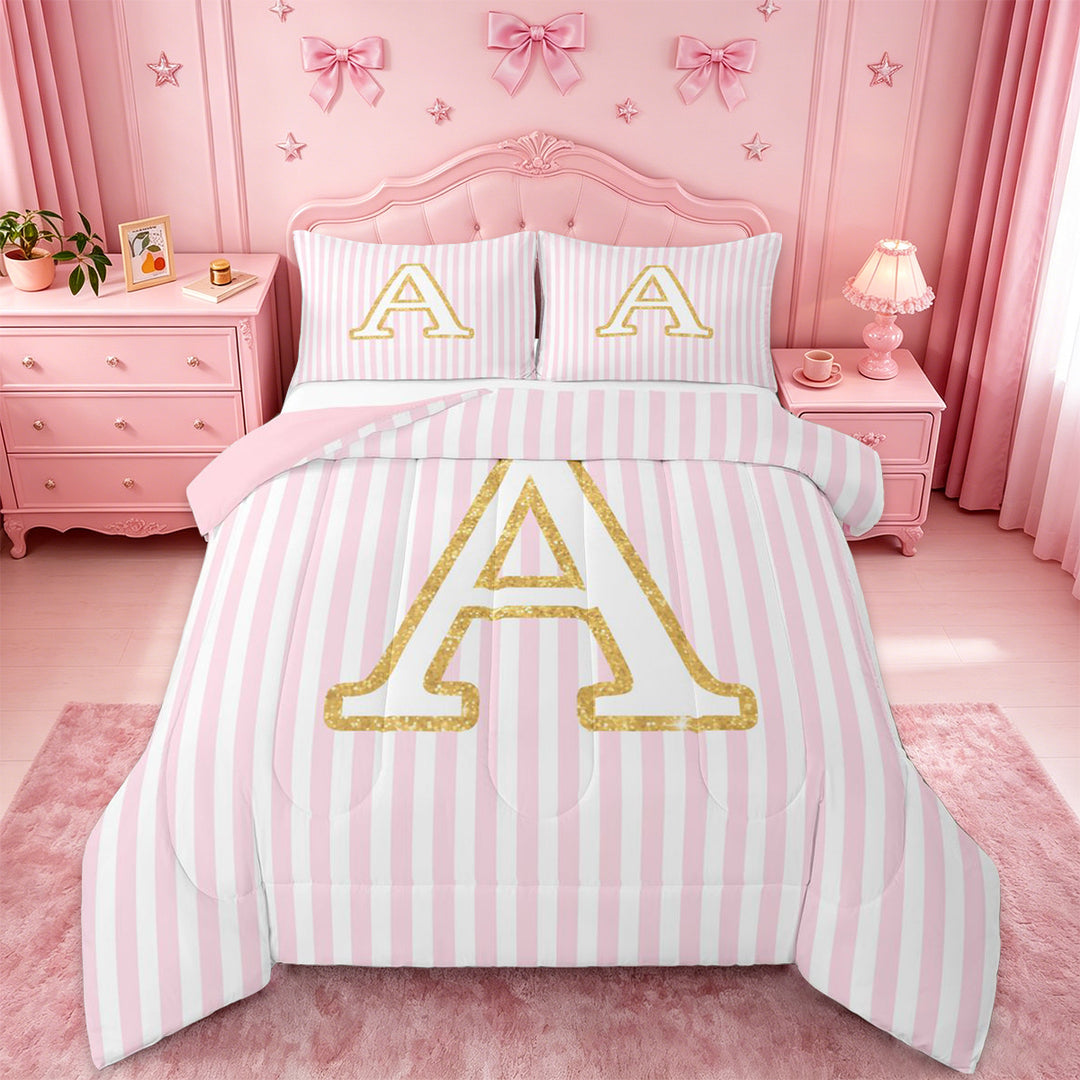 meiyoeat Gold Monogram A Letter Full Size Comforter Sets For Girls,Pink Geometric Lines Bedding Sets For Kids,pink Reversible,3 Pieces