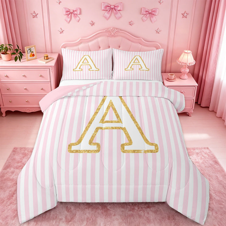 meiyoeat Gold Monogram A Letter Full Size Comforter Sets For Girls,Pink Geometric Lines Bedding Sets For Kids,pink Reversible,3 Pieces