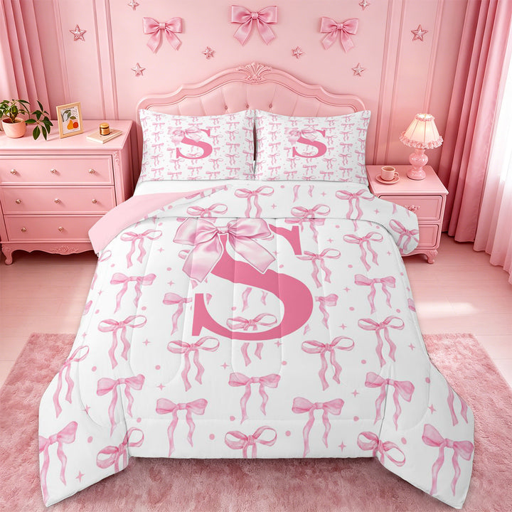 meiyoeat Kawaii Bowknot Initial S Full Size Comforter Sets For Girls,Pink Personalized Monogram Print Bedding Sets For Kids,pink Reversible,3-Piece