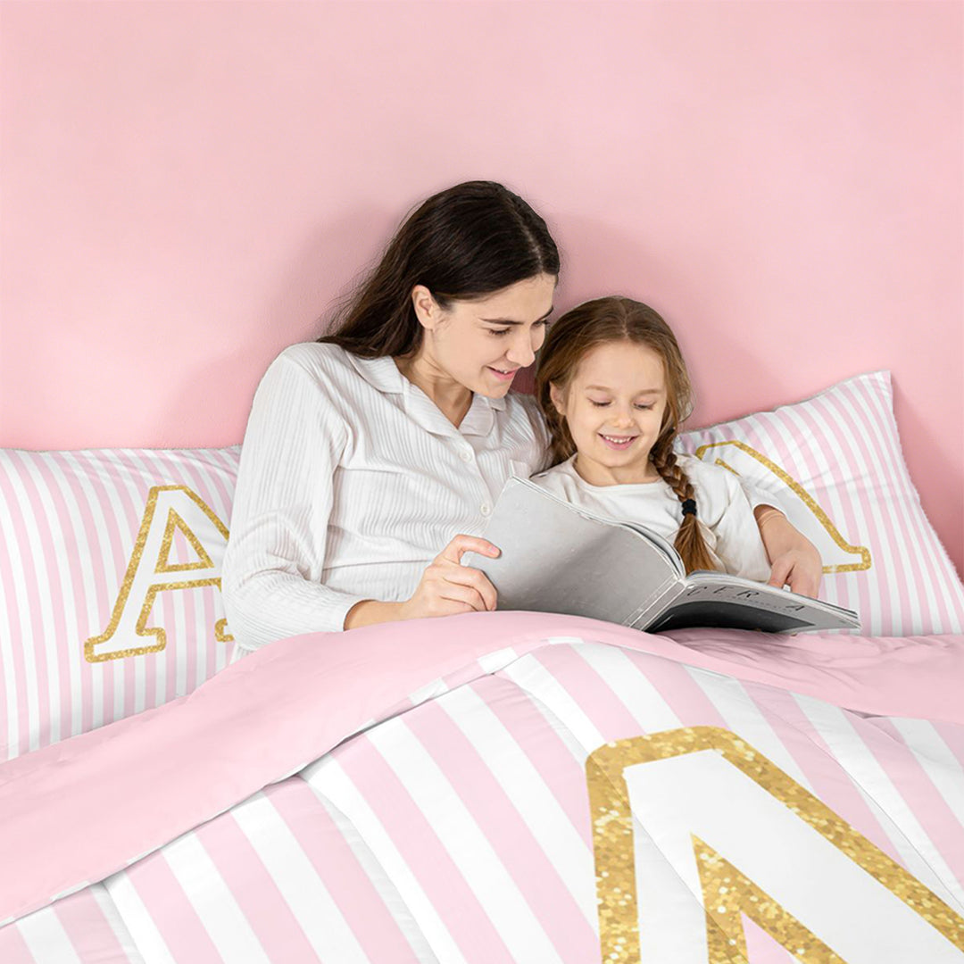meiyoeat Gold Monogram A Letter Full Size Comforter Sets For Girls,Pink Geometric Lines Bedding Sets For Kids,pink Reversible,3 Pieces