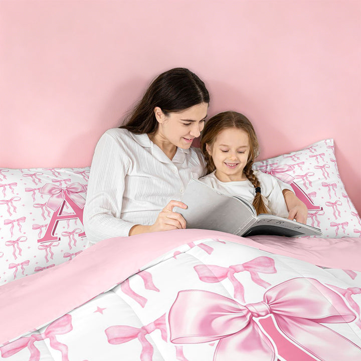 meiyoeat Pink Bow 7 Pieces Bedding Comforter Set For Girls,Coquette Bowtie Monogrammed A Print Full Bedding Set For Kids,pink Reversible