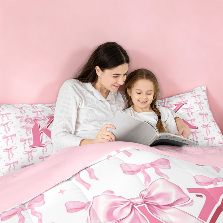 meiyoeat Girly Bow ABC Alphabet 7 Pieces Bedding Comforter Set For Kids,Pink Polka Dots Monogrammed Print K Full Bedding Set,pink Reversible