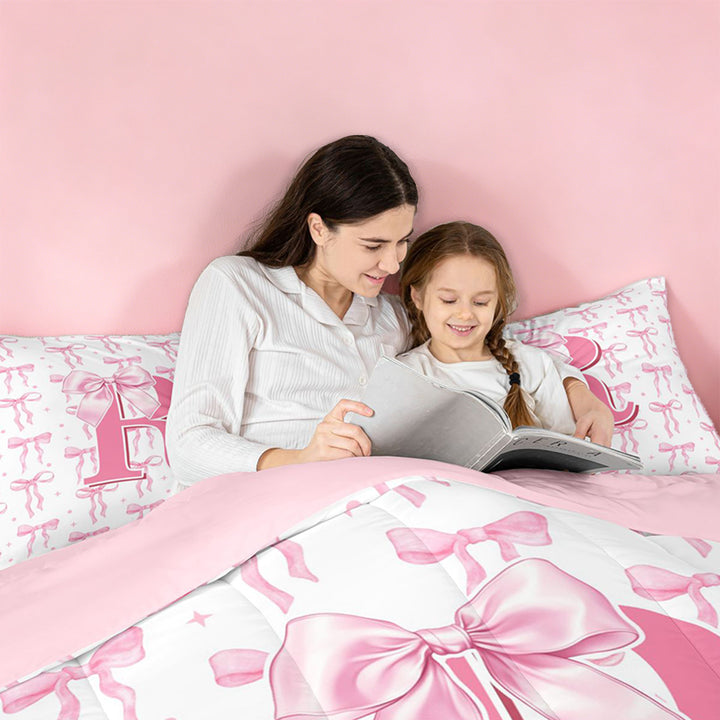 meiyoeat Bow Initial Print R 7 Pieces Bedding Comforter Set For Girls, Pink Princess Bowknot Alphabet Art Full Bedding Set For Kids,pink Reversible