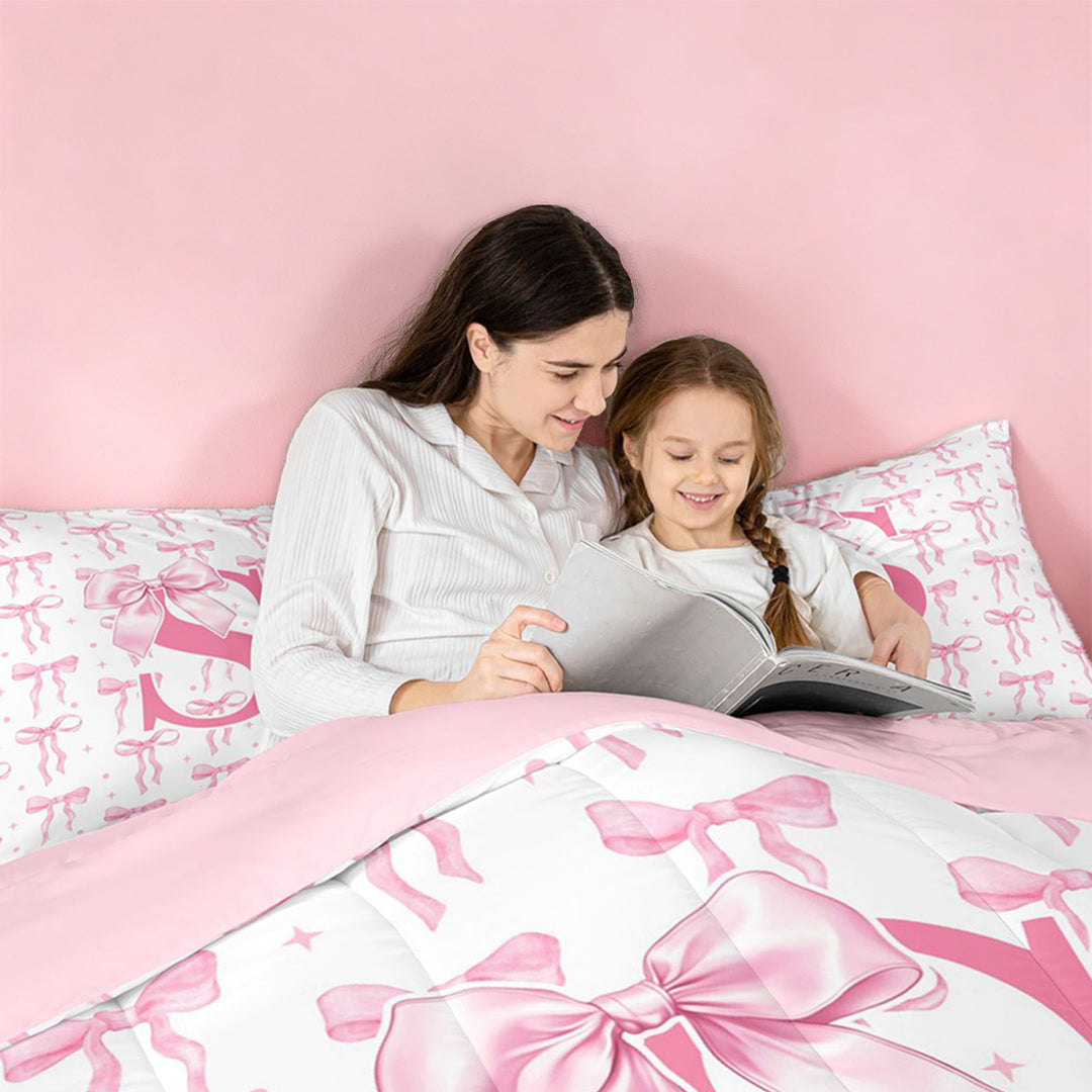 meiyoeat Kawaii Bowknot Initial S Full Size Comforter Sets For Girls,Pink Personalized Monogram Print Bedding Sets For Kids,pink Reversible,3-Piece