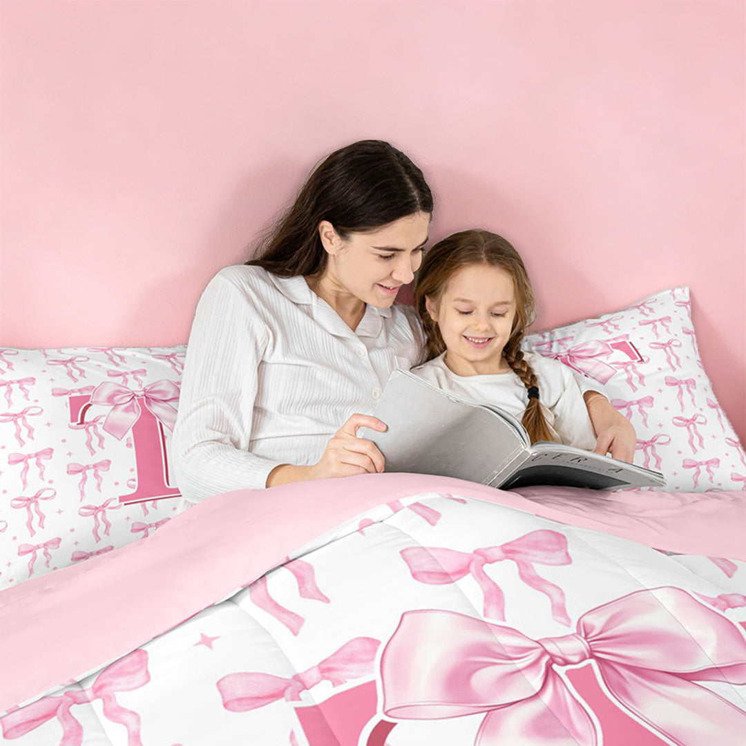 meiyoeat Pink Cute Bowknot 7 Pieces Bedding Comforter Set For Girls,Dreamy Bow Tie Monogram Print T Full Bedding Set For Kids,pink Reversible