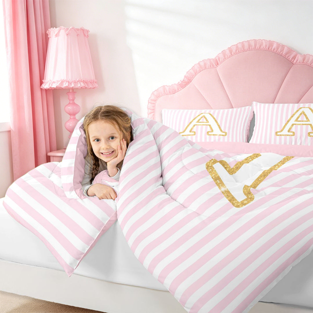 meiyoeat Gold Monogram A Letter Full Size Comforter Sets For Girls,Pink Geometric Lines Bedding Sets For Kids,pink Reversible,3 Pieces