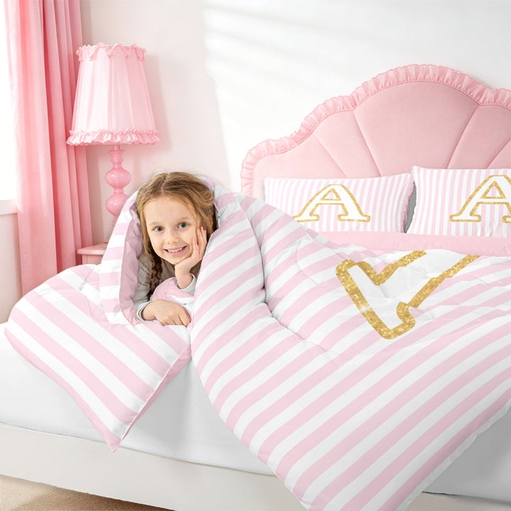 meiyoeat Gold Monogram A Letter Full Size Comforter Sets For Girls,Pink Geometric Lines Bedding Sets For Kids,pink Reversible,3 Pieces