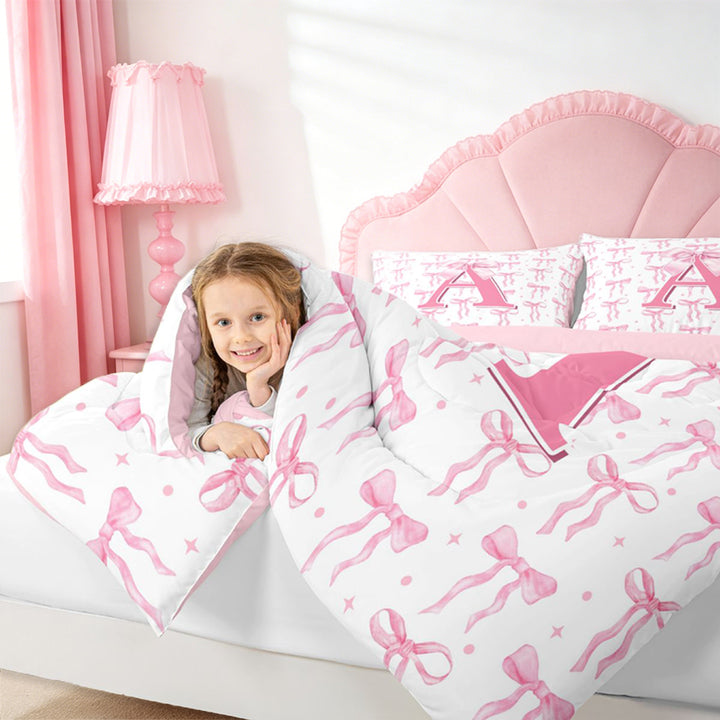 meiyoeat Pink Bow 7 Pieces Bedding Comforter Set For Girls,Coquette Bowtie Monogrammed A Print Full Bedding Set For Kids,pink Reversible