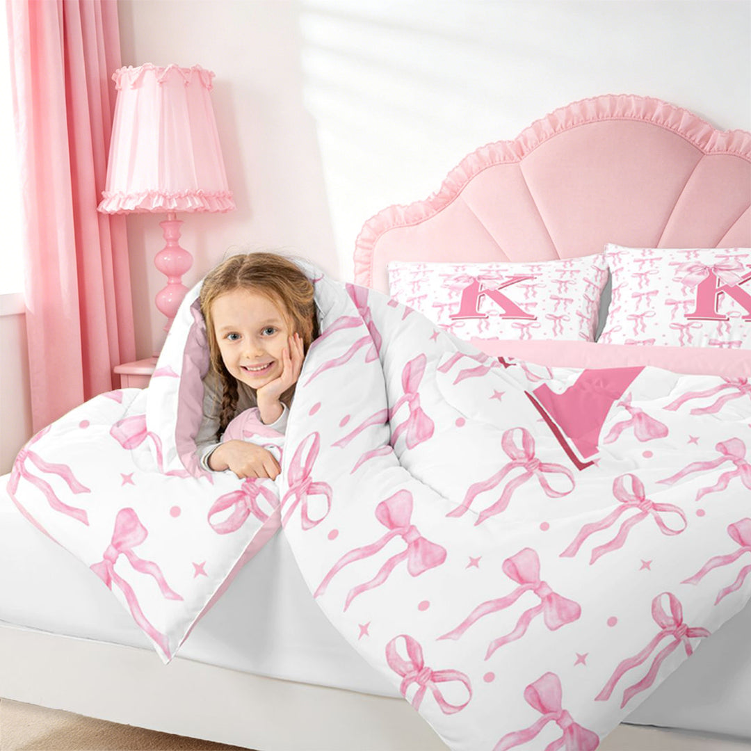 meiyoeat Girly Bow ABC Alphabet 7 Pieces Bedding Comforter Set For Kids,Pink Polka Dots Monogrammed Print K Full Bedding Set,pink Reversible