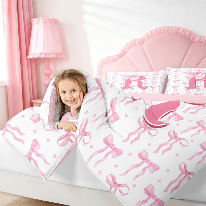 meiyoeat Bow Initial Print R 7 Pieces Bedding Comforter Set For Girls, Pink Princess Bowknot Alphabet Art Full Bedding Set For Kids,pink Reversible