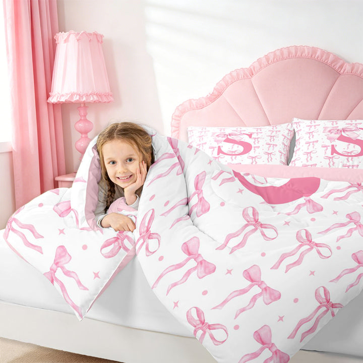 meiyoeat Kawaii Bowknot Initial S Full Size Comforter Sets For Girls,Pink Personalized Monogram Print Bedding Sets For Kids,pink Reversible,3-Piece